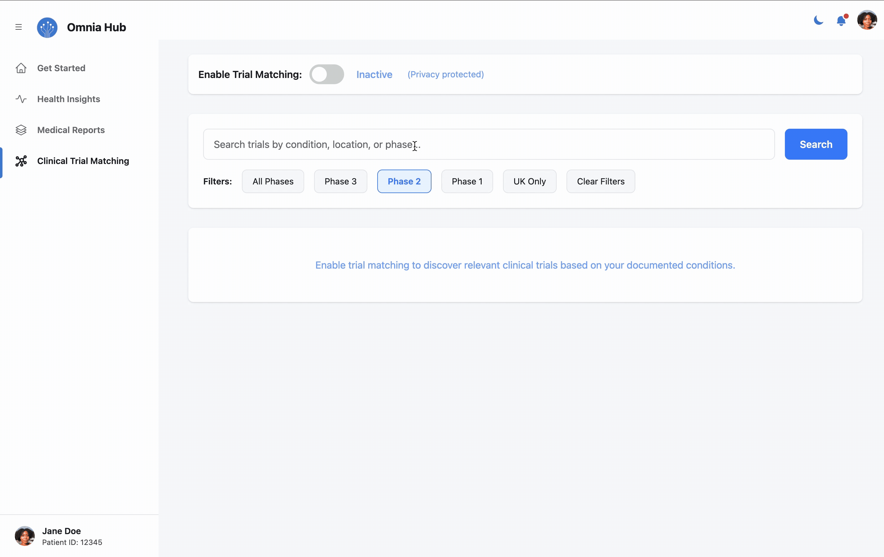 Clinical Trial Matching feature demonstration
